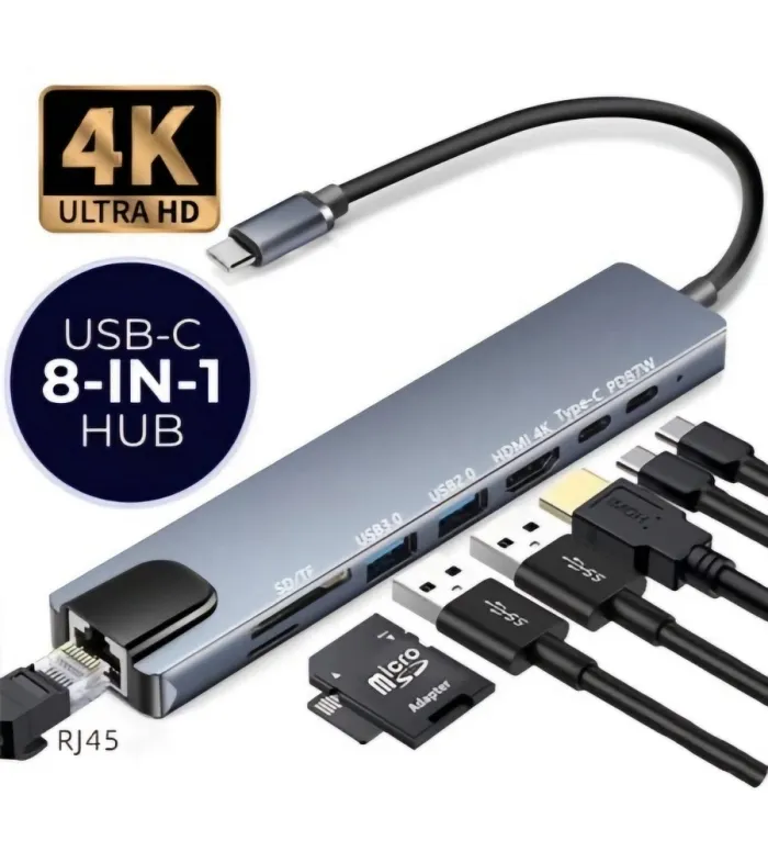 Adaptateur 8en1 Type C USB C TO HD TV & SD TF & USB3.0 & USB C & PD & LAN